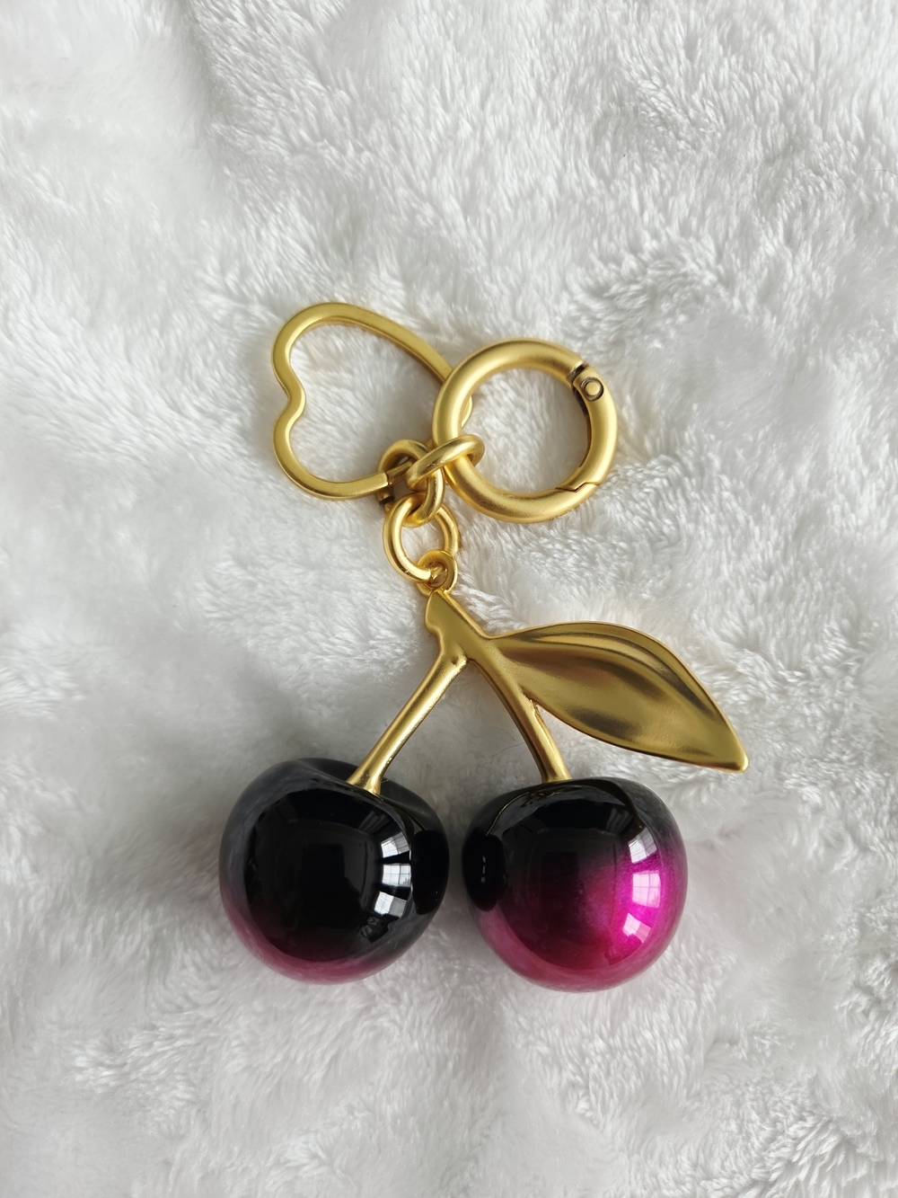 Gold Cherry Keychain with Black-to-Pink Ombre Cherries Beautiful Bag Charm
